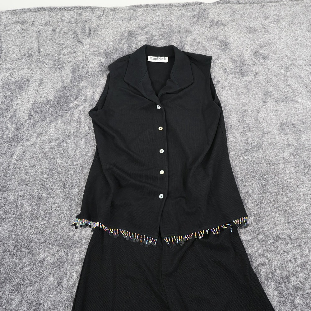 Vintage Ronni Nicole by Ouida Top & Pant Set Womens L Black Beaded Embellished - Picture 8 of 16